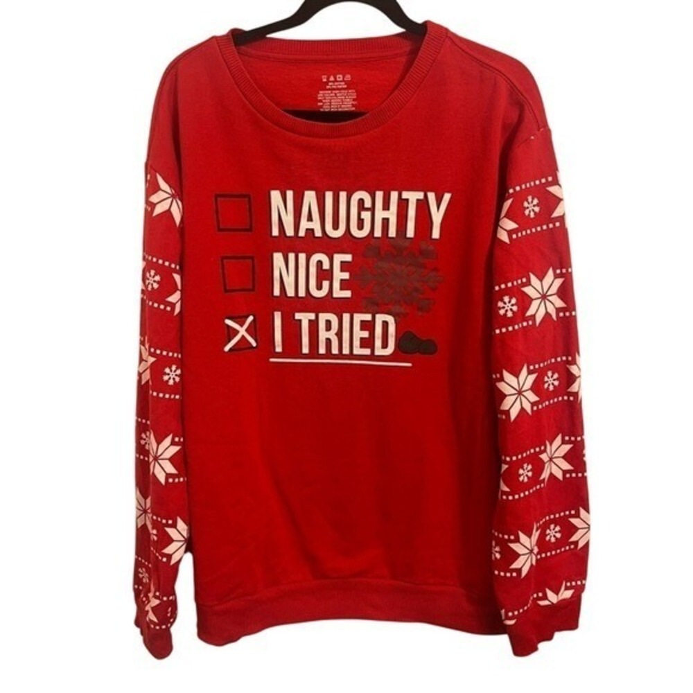 Naughty Nice I Tried Christmas Sweatshirt Red Snowflake Fair Isle XXL